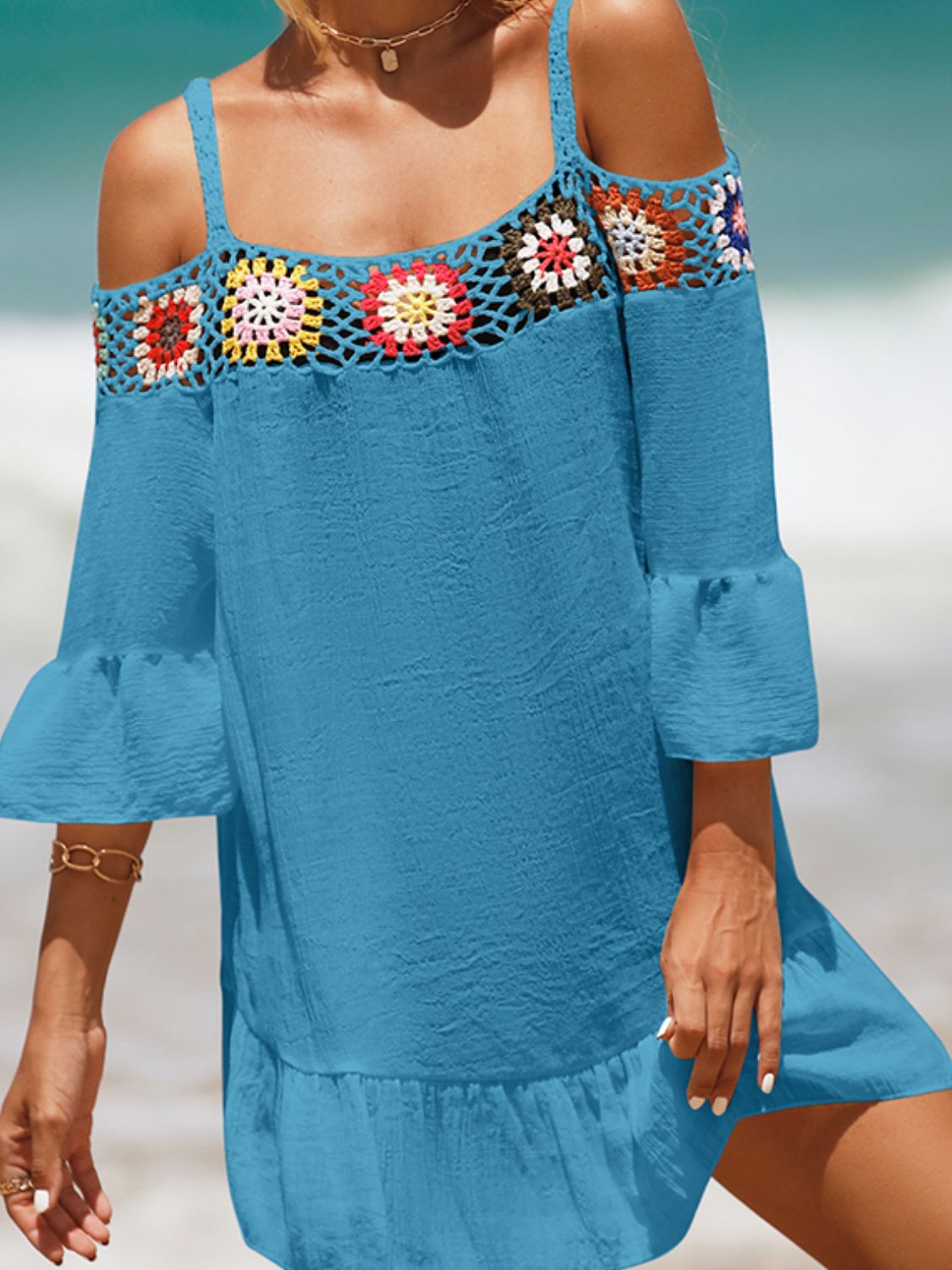 Crochet Cold Shoulder Three-Quarter Sleeve Cover Up Crochet Cold Shoulder Three-Quarter Sleeve Cover Up